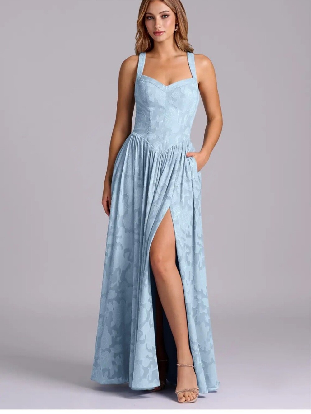 Light Blue Floral Burnout Textured Sweetheart Neckline Dress